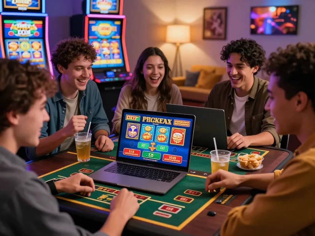 Friends enjoying crickex casino games on a laptop in a cozy environment.