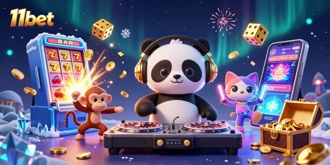 11bet showcases vibrant scenes with a DJ panda, monkey, and kitten amidst casino excitement.