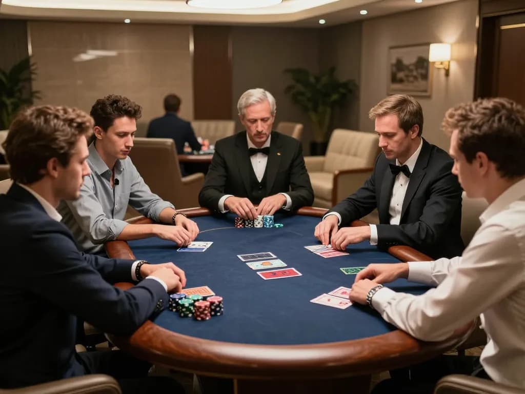 Engaged players in an upscale poker game at a private table, showcasing the strategic interaction in gambling at sapporo-dogscafe.