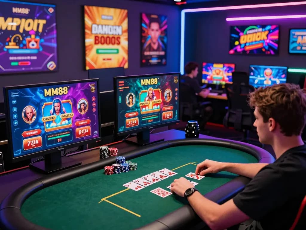 Exciting MM88 online gaming atmosphere with players enjoying poker and slots in a vibrant home setup.