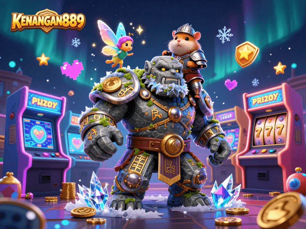 Experience gaming thrills with KENANGAN889, a vibrant 3D illustration of a golem guardian and fairy casting magic.