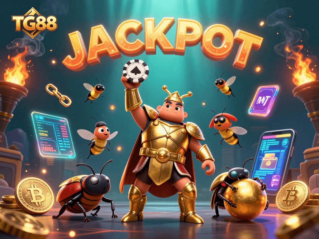 Experience the excitement of TG88 with a victorious beetle champion lifting a poker chip amidst vibrant casino elements.