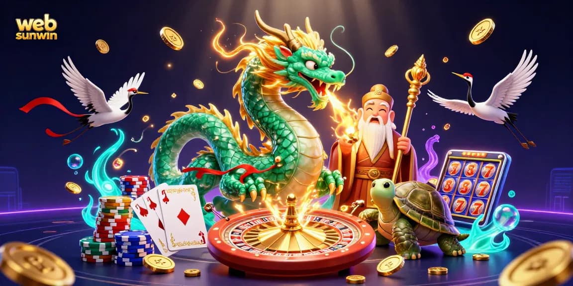 Engage with web sunwin at a vibrant 3D casino scene featuring a dragon, sage, and dynamic game elements.