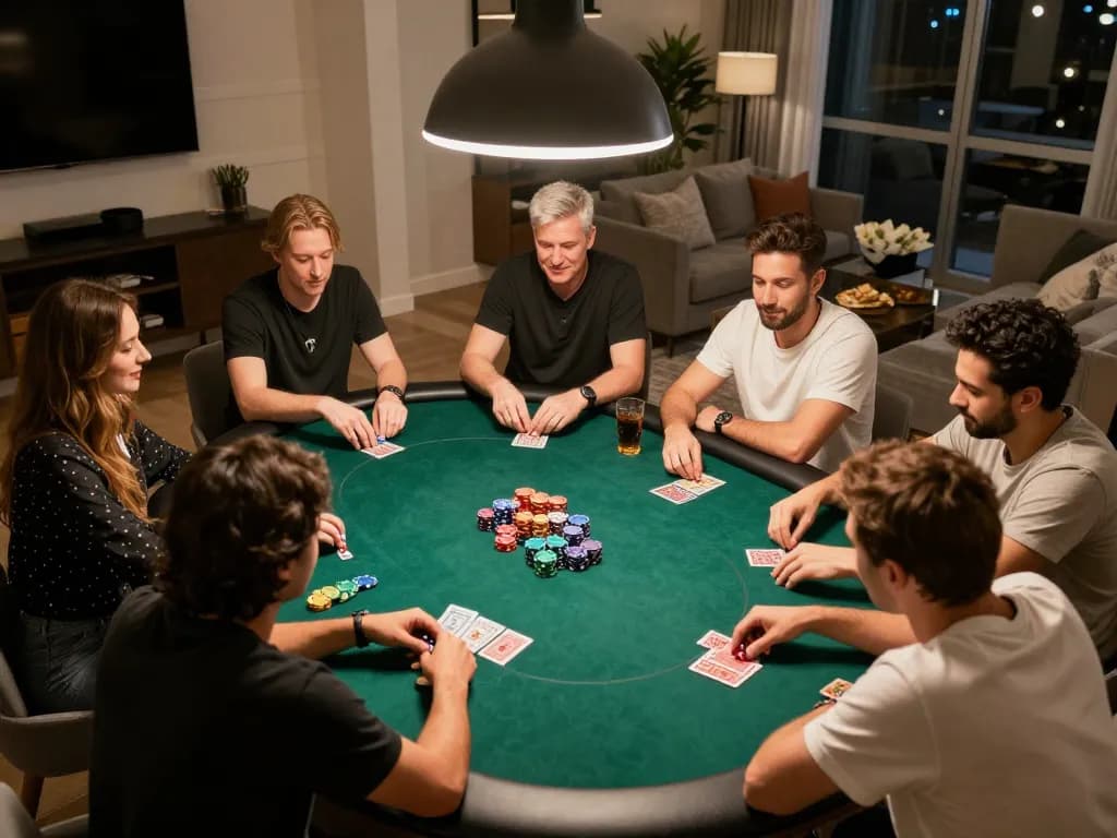 Players enjoying a friendly poker game at home with mm88, showcasing strategy and social interaction in a cozy atmosphere