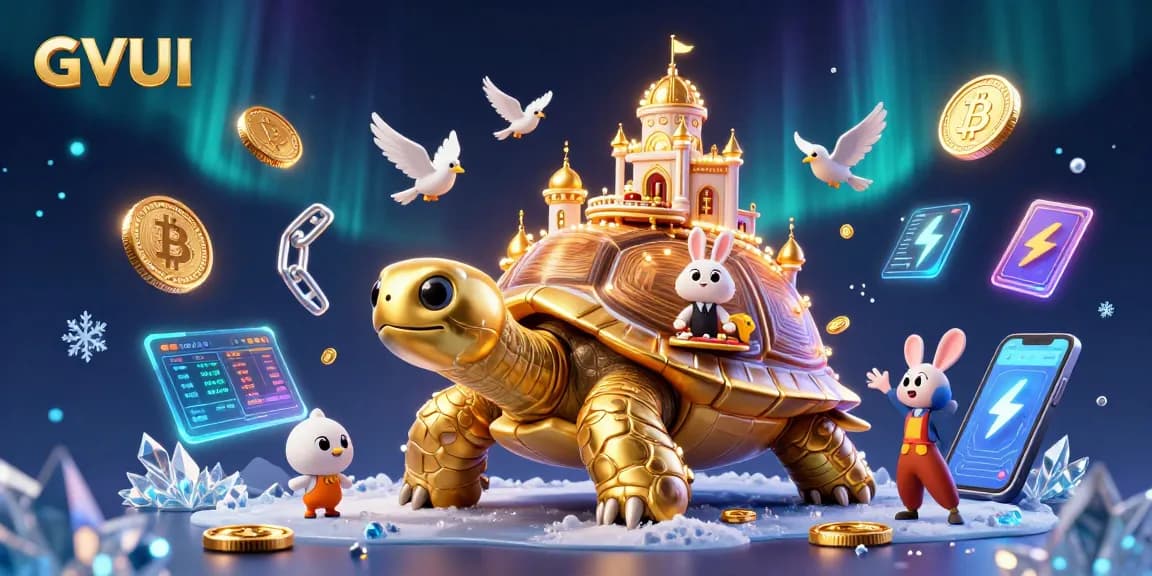 Engage with GVUI's vibrant online casino world featuring a golden tortoise, rabbit dealer, and flying coins.