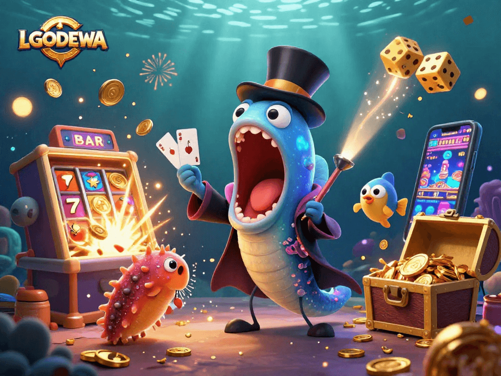 Experience the excitement of LGODEWA's virtual casino with vibrant characters and jackpot thrills!