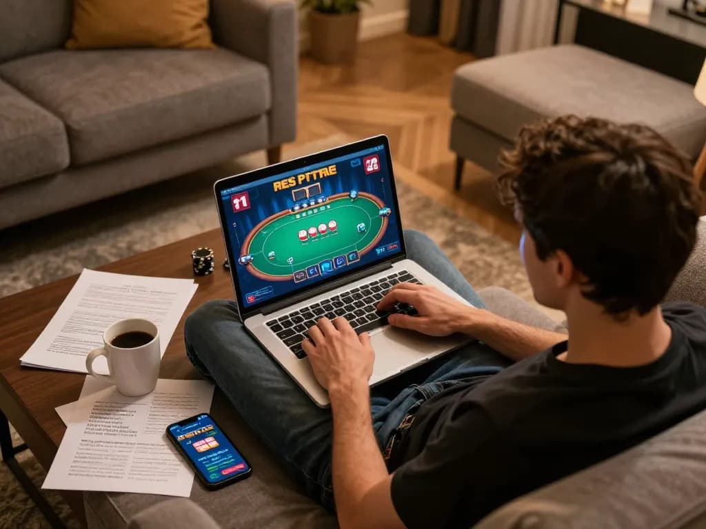 F168 player enjoying online poker, showcasing strategy notes and a casino app on smartphone in a cozy home setting.