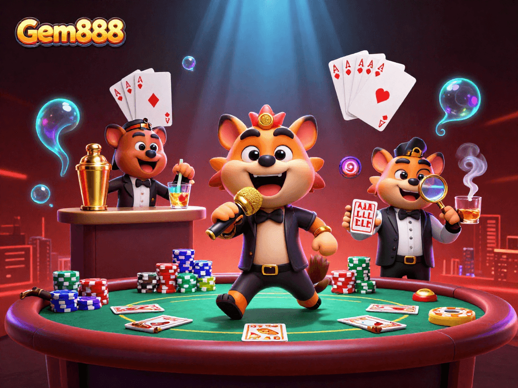 Engage with gem888 in a lively poker scene featuring hyenas at a comedy casino club.