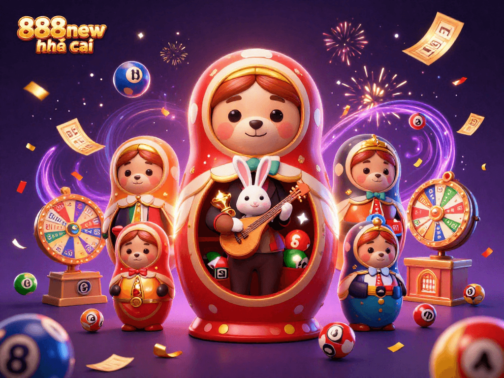 Experience the thrill of 888new nhà cái with vibrant casino-themed elements and characters celebrating winning.