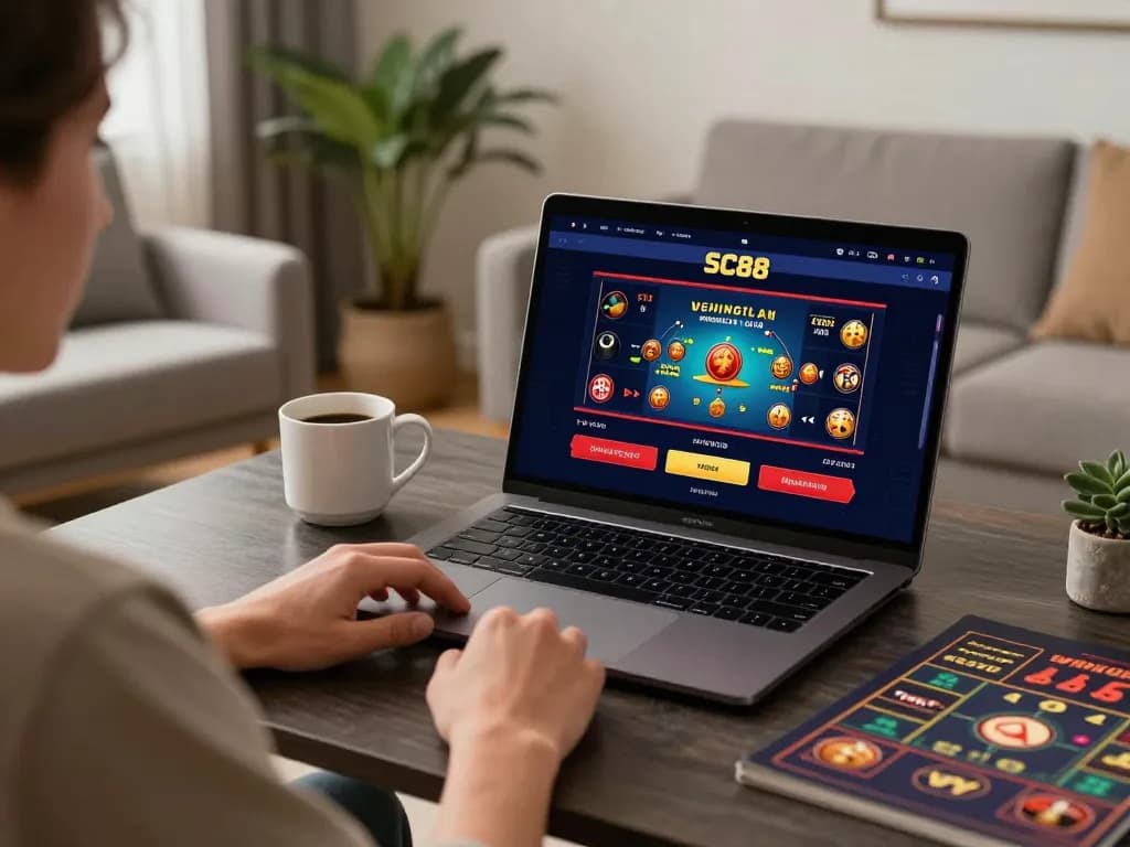 Player engaging with SC88 casino online gaming interface in cozy modern living room.