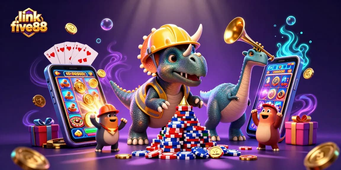 Experience the excitement of link five88 as a triceratops builds poker chip towers amid vibrant casino elements.