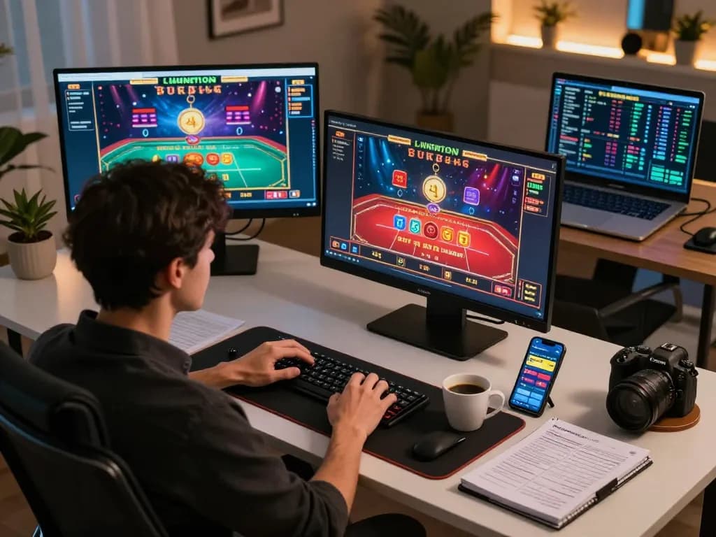 Engaging online gaming scene with 88betcom setup on multiple screens, showcasing strategic gameplay