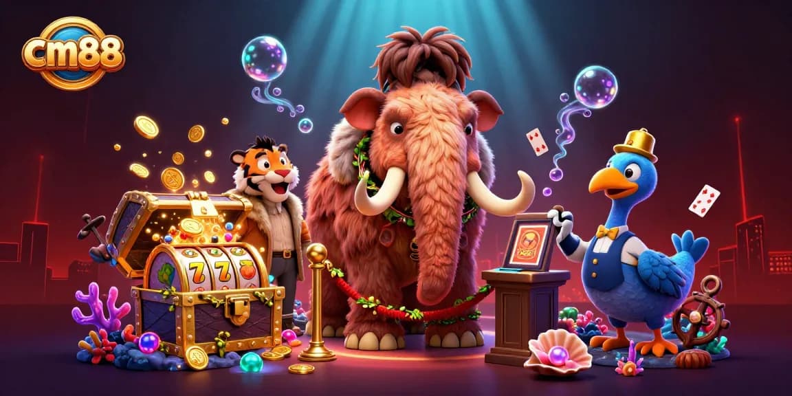 Play exciting games at cm88 with a vibrant casino scene featuring unique characters and dynamic elements.