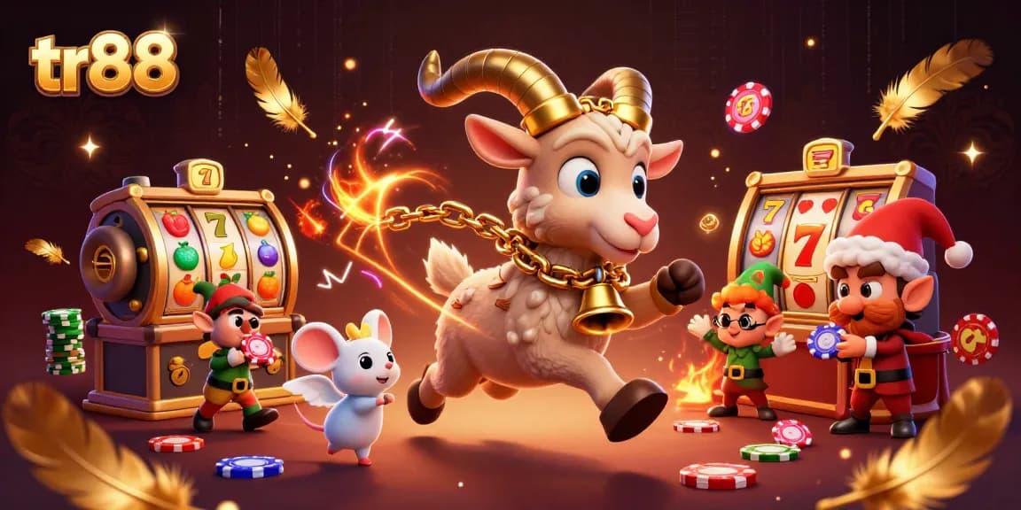 Engage in thrilling gameplay at tr88 with vibrant casino elements featuring cartoon Krampus, a tiny mouse, and elf gremlins.