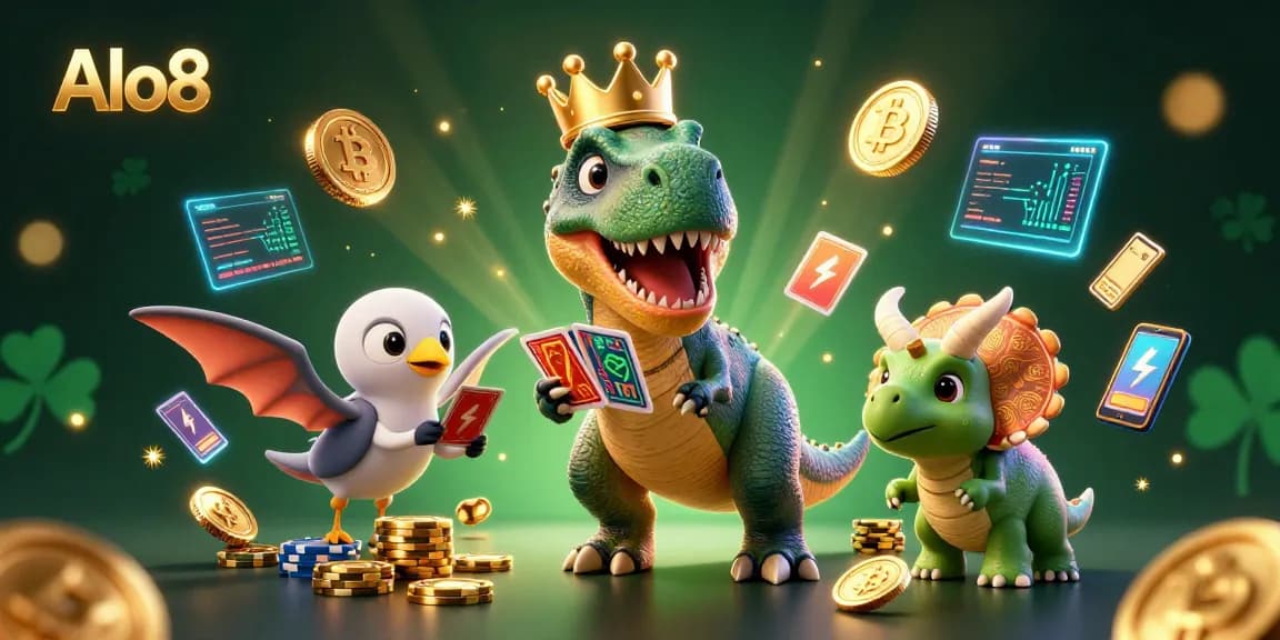 Alo8 showcases a vibrant 3D illustration of a casino scene with dynamic characters and crypto elements, engaging players in gaming.