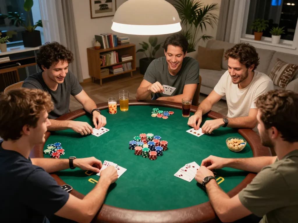 Friends enjoying a lively poker game at home, rokok88 creating a fun and strategic gaming atmosphere.