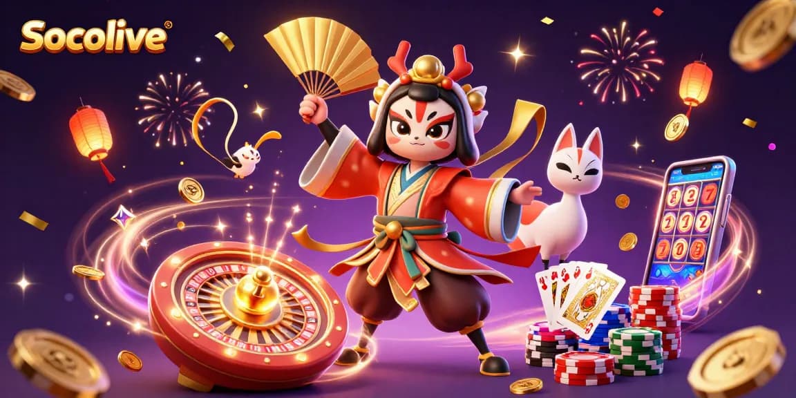 Socolive offers an exciting casino scene featuring kabuki warriors, vibrant elements, and dynamic gameplay.