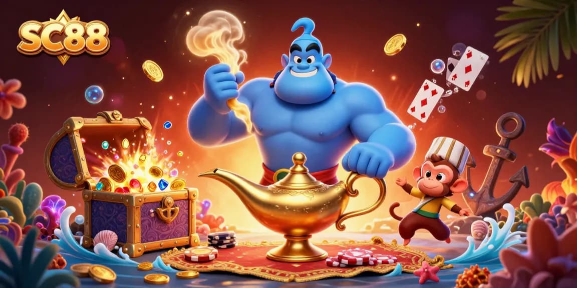 Win big with SC88 in this vibrant 3D illustration of a genie, monkey, and magic carpet!
