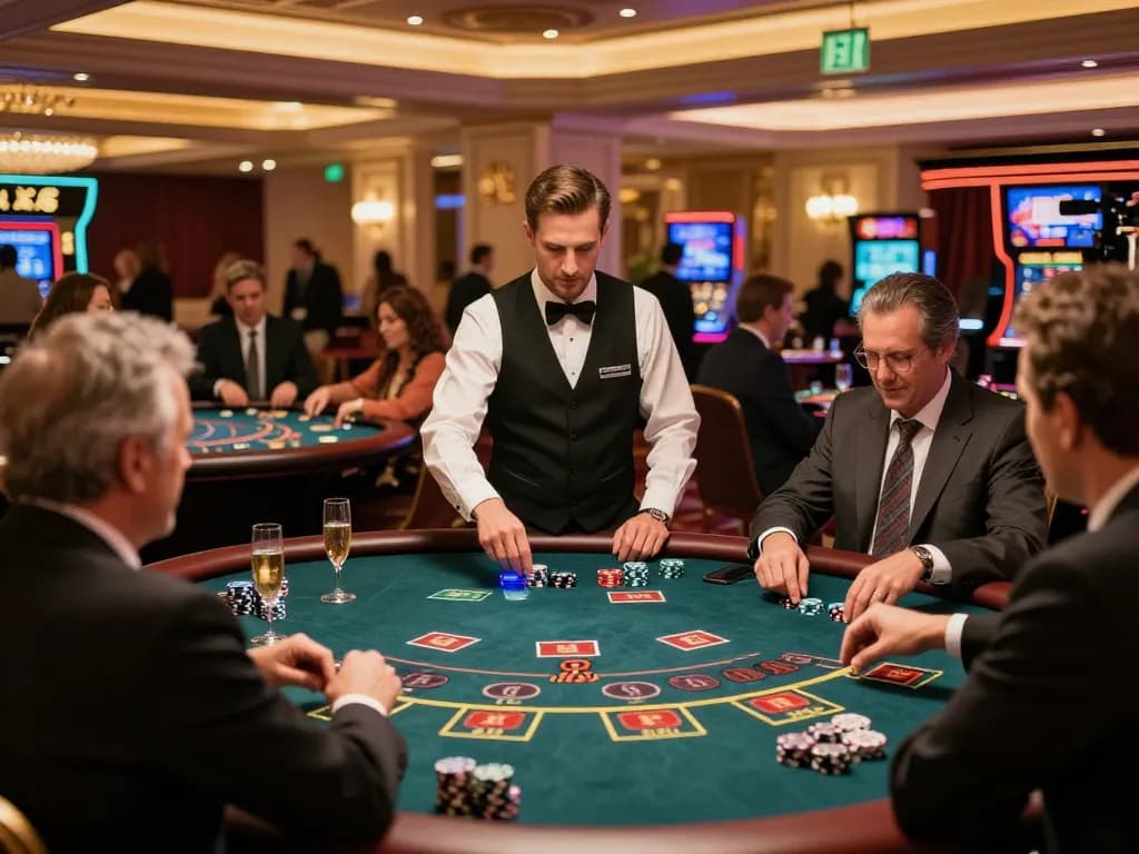 Players strategizing at blackjack tables, experiencing 88aa gaming excitement in a lavish casino.