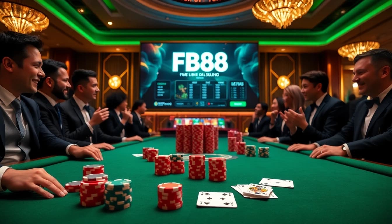 Play engaging casino games at FB88 with vibrant poker chips and a lively atmosphere.