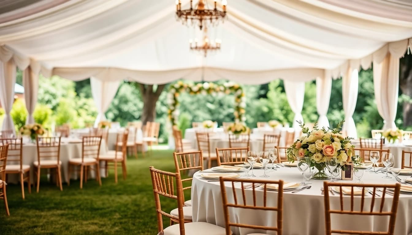 Elegant Wedding Tent Chair & Table Rentals in a picturesque outdoor setting with floral decorations.