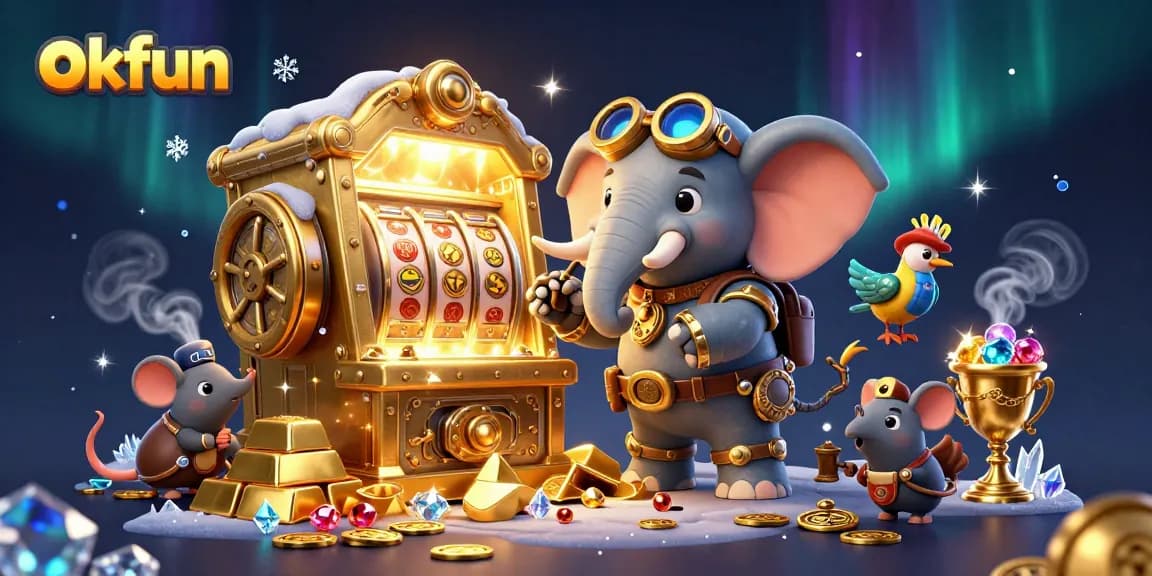 Spin and win big with okfun's vibrant casino scene, showcasing dynamic characters and treasures.