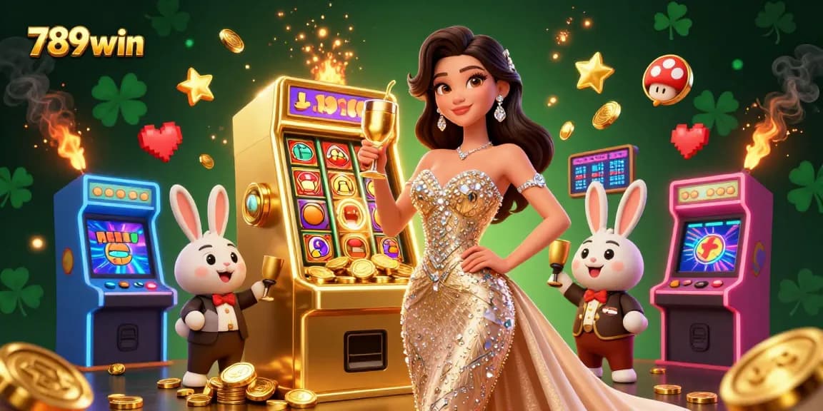 Engage in thrilling gameplay at 789win with a glamorous woman toasting beside a jackpot.