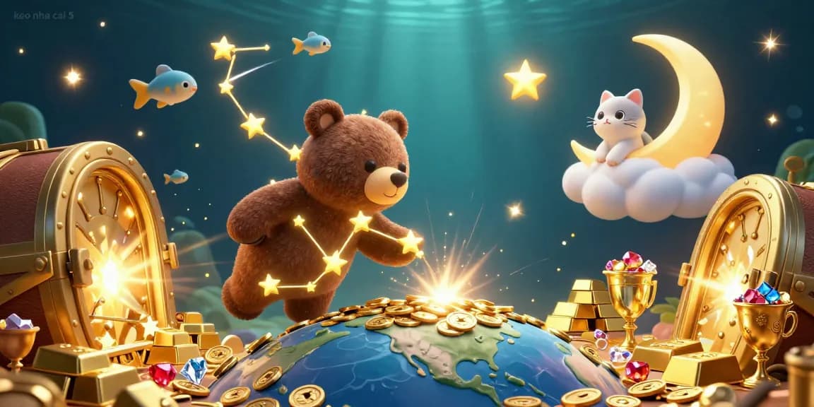 Engage with exciting keo nha cai 5 strategies as the constellation bear scoops coins from Earth amidst sparkling treasures.