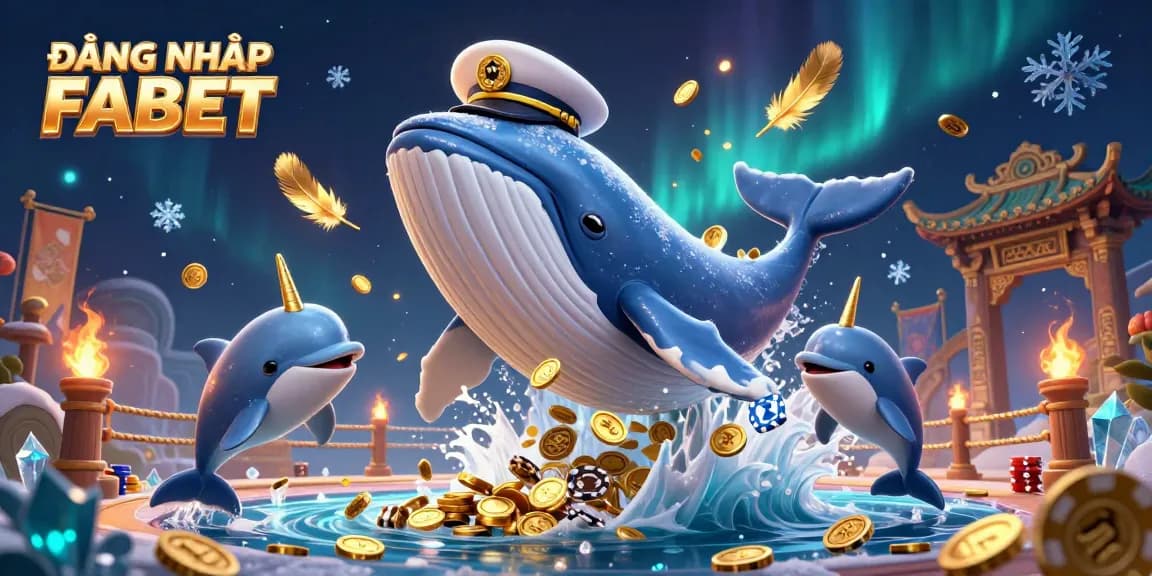 Engage in exciting wins with ĐĂNG NHẬP FABET, showcasing a whale and narwhal amid coins and poker chips.
