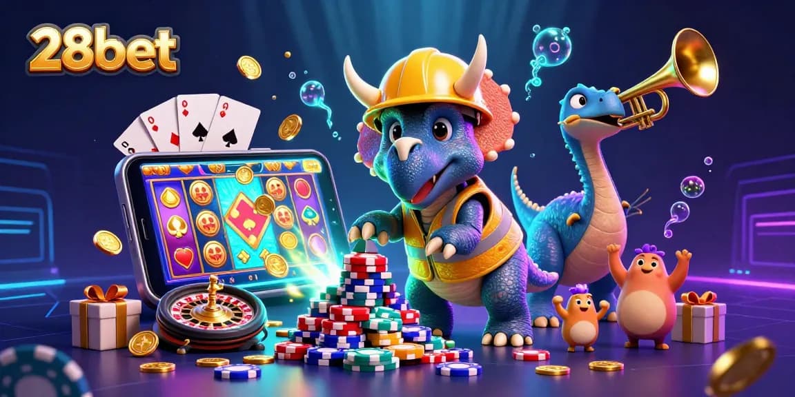 28bet showcases an exciting gambling scene with a triceratops celebrating winning poker chip stacks, enhancing casino fun.