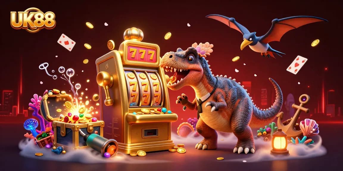UK88 casino scene with a dinosaur headbutting a slot machine and coins flying