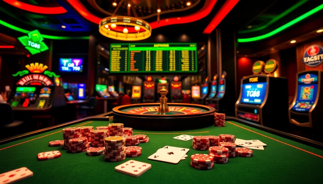 Engage with tg88's premium gambling experience at a lively casino table featuring vibrant poker chips and cards.
