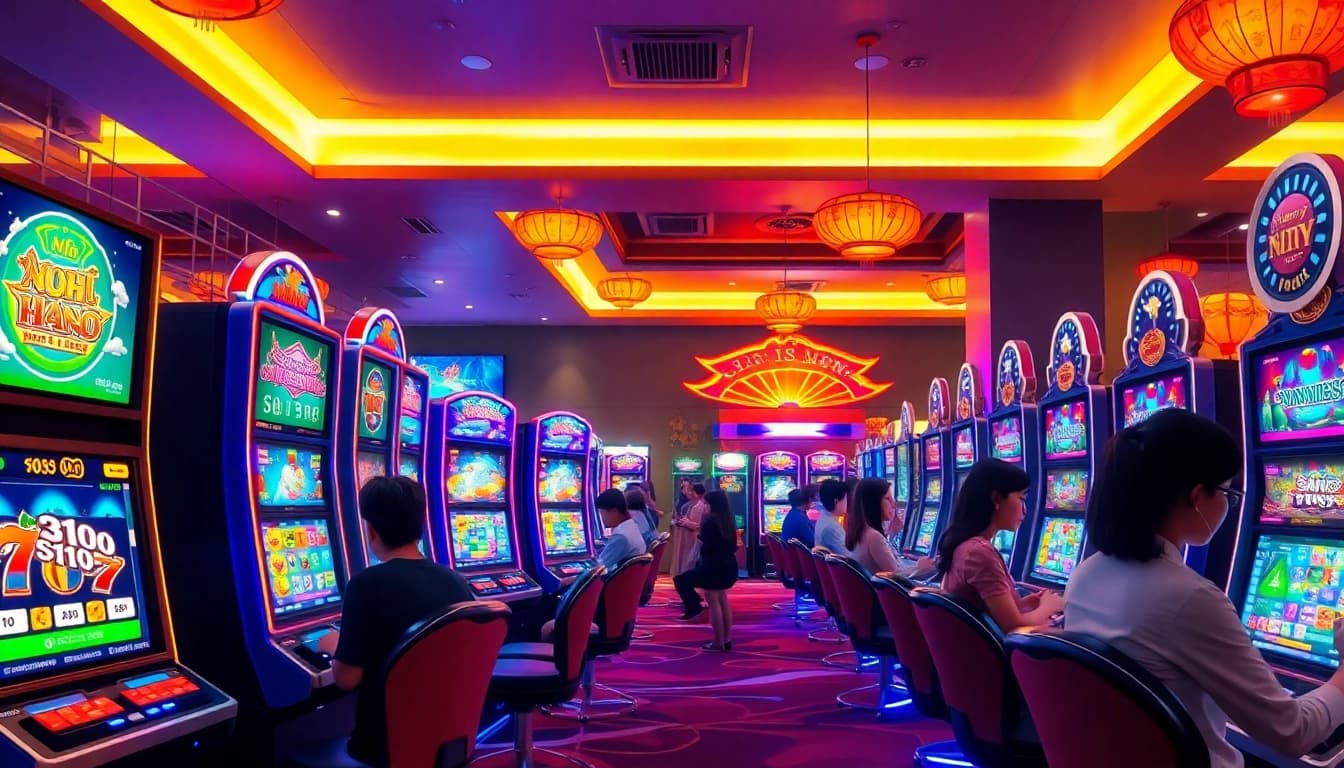 Nổ Hũ gaming scene in a modern digital casino, showcasing vibrant slots and engaged players.