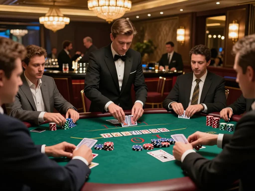 LC88 blackjack players eagerly placing bets at a high-stakes table in a luxurious casino.
