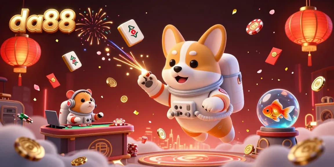 Engage with da88 in an exciting space casino featuring a floating corgi amid gold coins and vibrant elements.