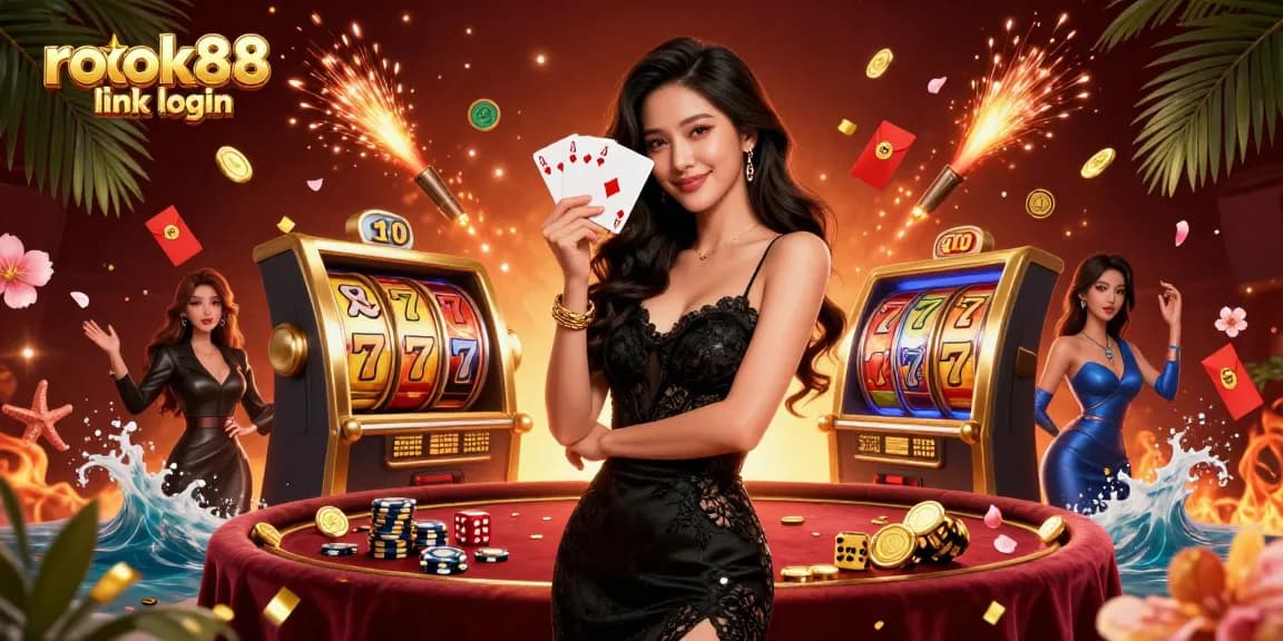 Experience the thrill of rokok88 link login with an elegant woman holding poker cards, casino elements abound.