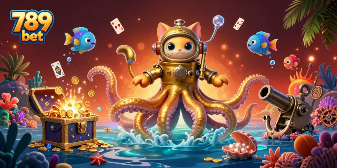 Engage with 789 bet through an exciting underwater scene featuring a kraken, diving cat, and bioluminescent fish.