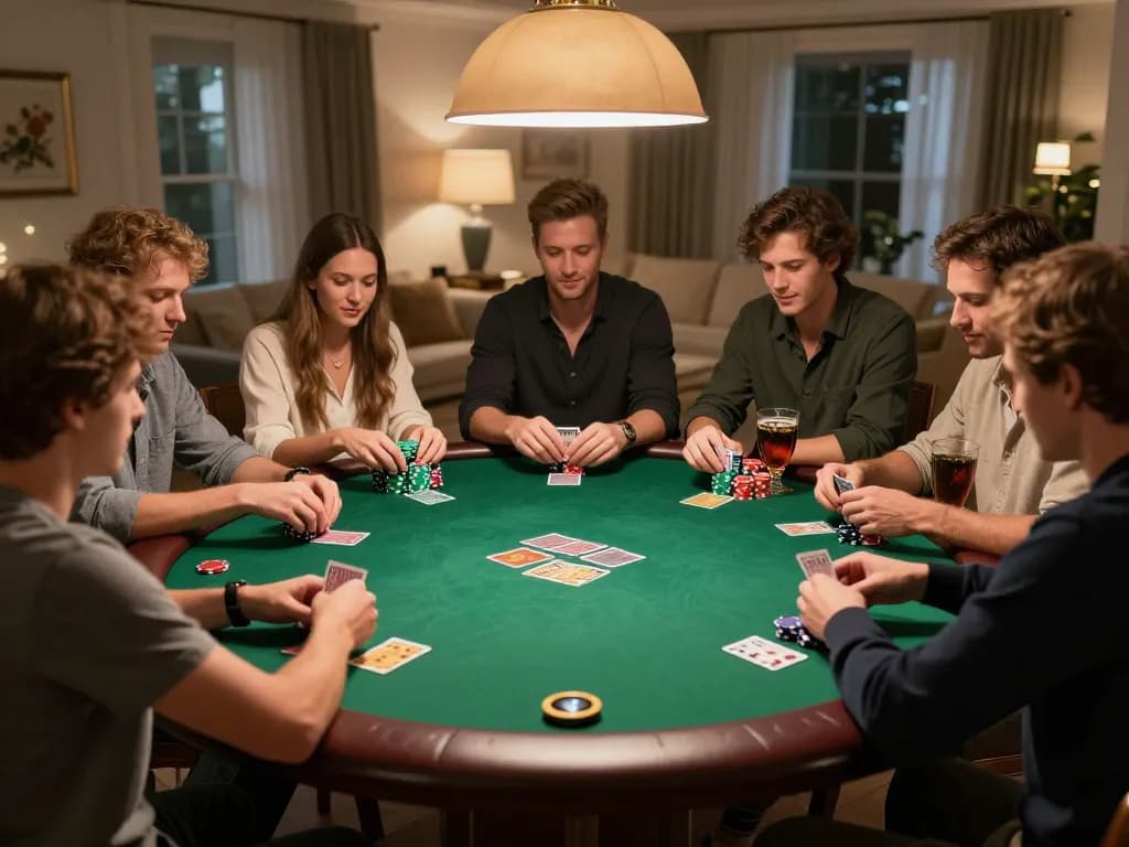Players enjoying a thrilling poker night at home with VA88 strategy in play, vibrant chips, and cards on the table.