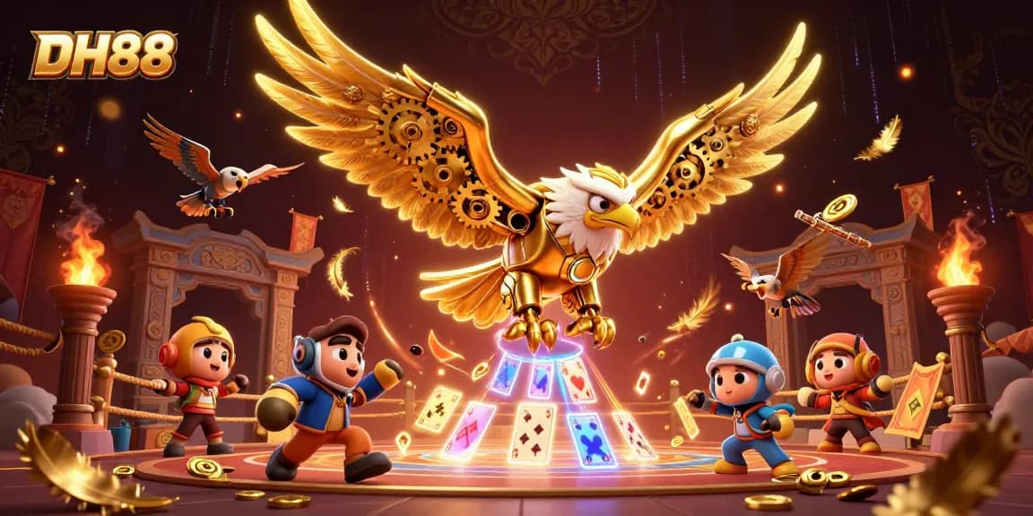 Experience exhilarating gaming at DH88, where the cybernetic golden eagle dives through holographic cards amidst vibrant casino elements.