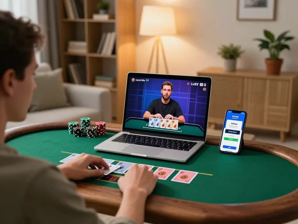 Player engaging in a live dealer game on LuckyWin platform from the comfort of home.