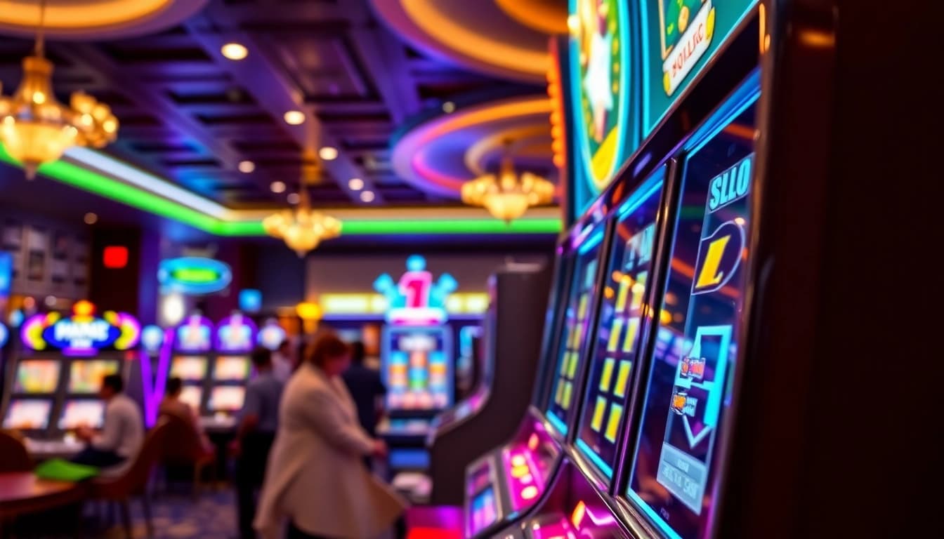 Slot gampang menang menunjukkan mesin slot berwarna-warni dengan pemain yang antusias