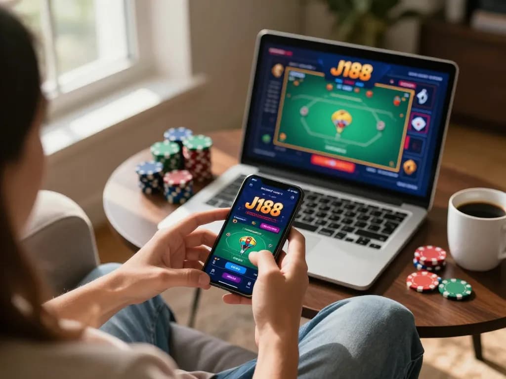 Engaging with the J188 casino app on smartphone while enjoying strategic online gambling experience