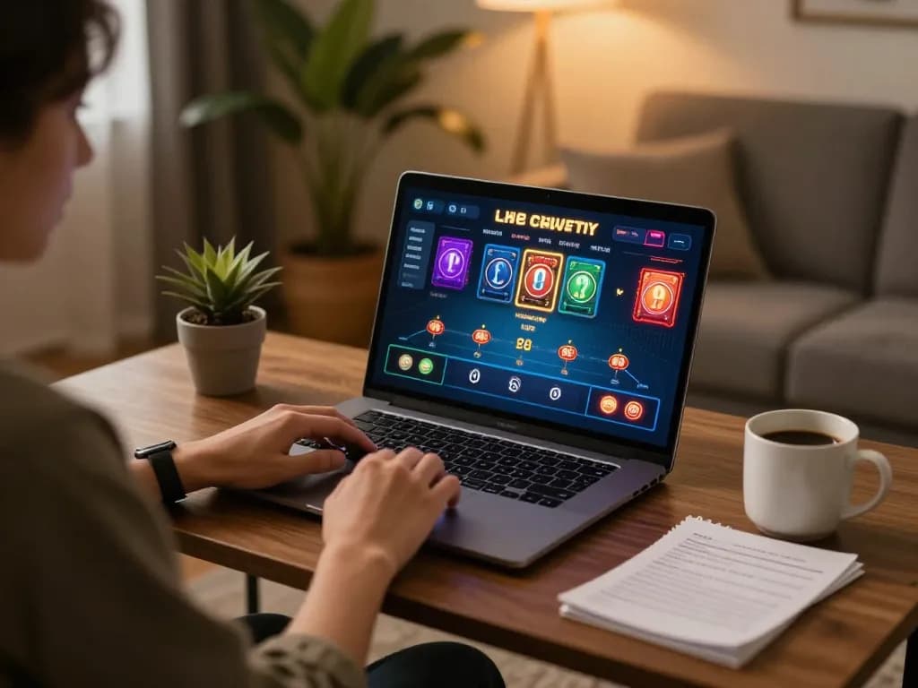 Individual enjoying an online casino experience with God55vn on a laptop in a cozy home environment