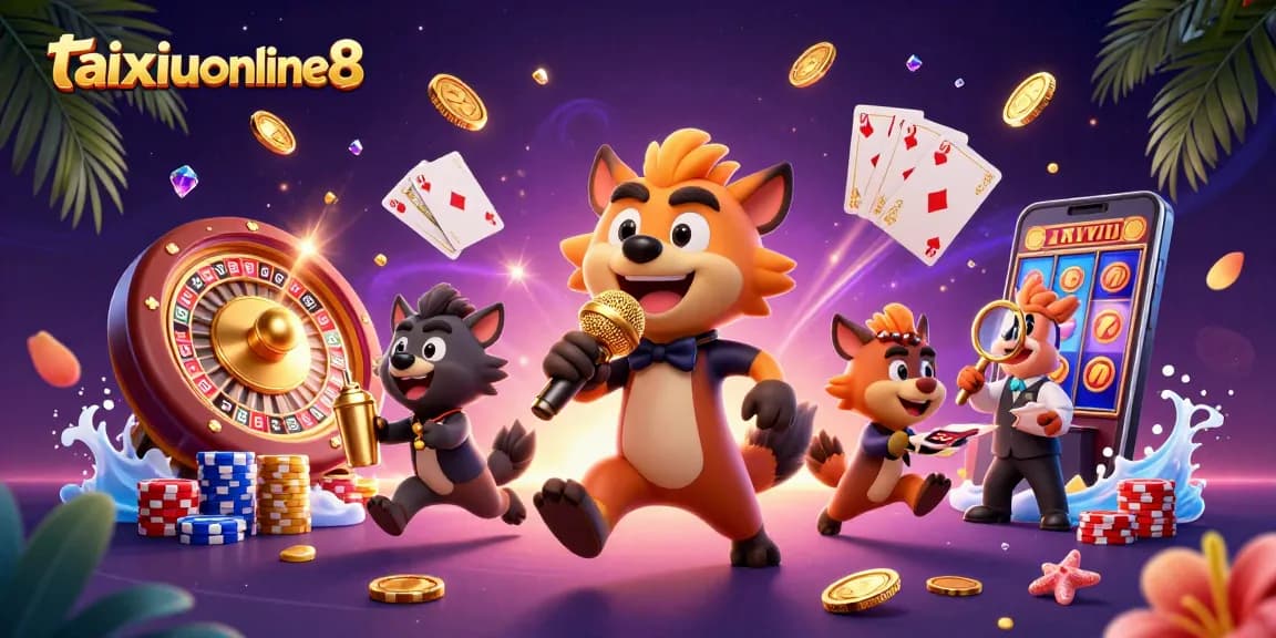Engage with taixiuonline8 gameplay, featuring lively casino hyenas, gold coins, and vibrant slot machines.