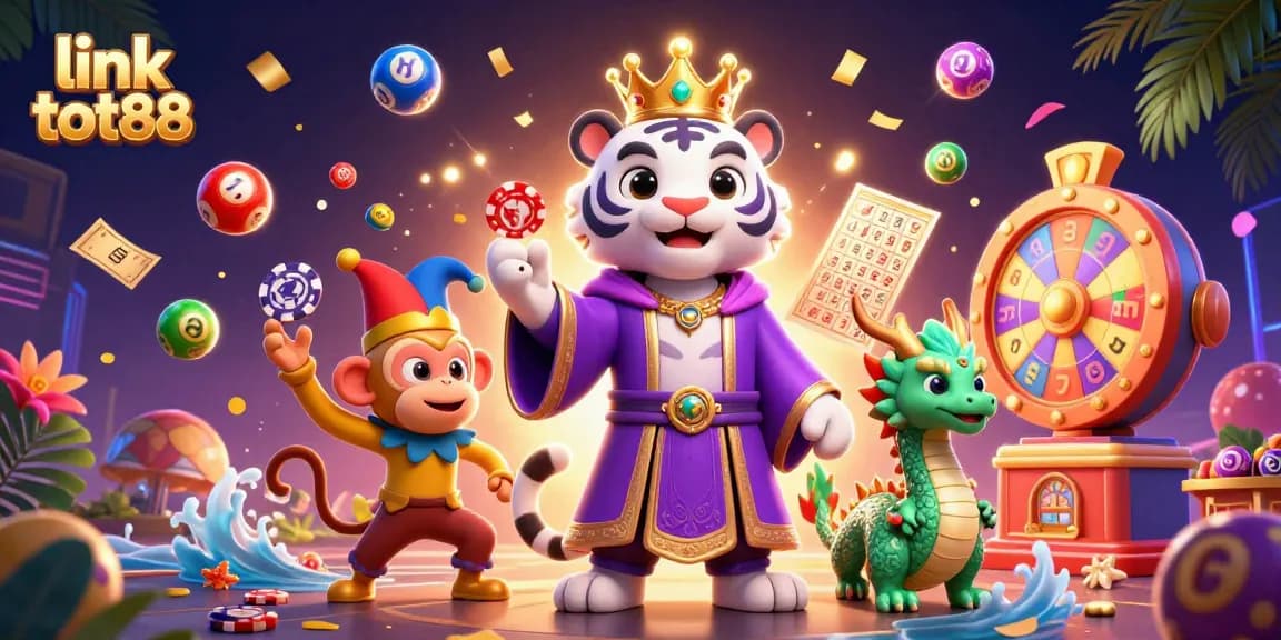 Playful golden monkey juggles poker chips alongside link tot88's elegant tiger and jade dragon, surrounded by casino elements.