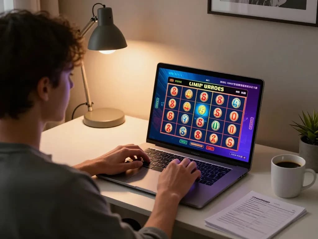 Engaged player using mm88.it.com on a laptop for online casino slot gaming in a cozy home setup