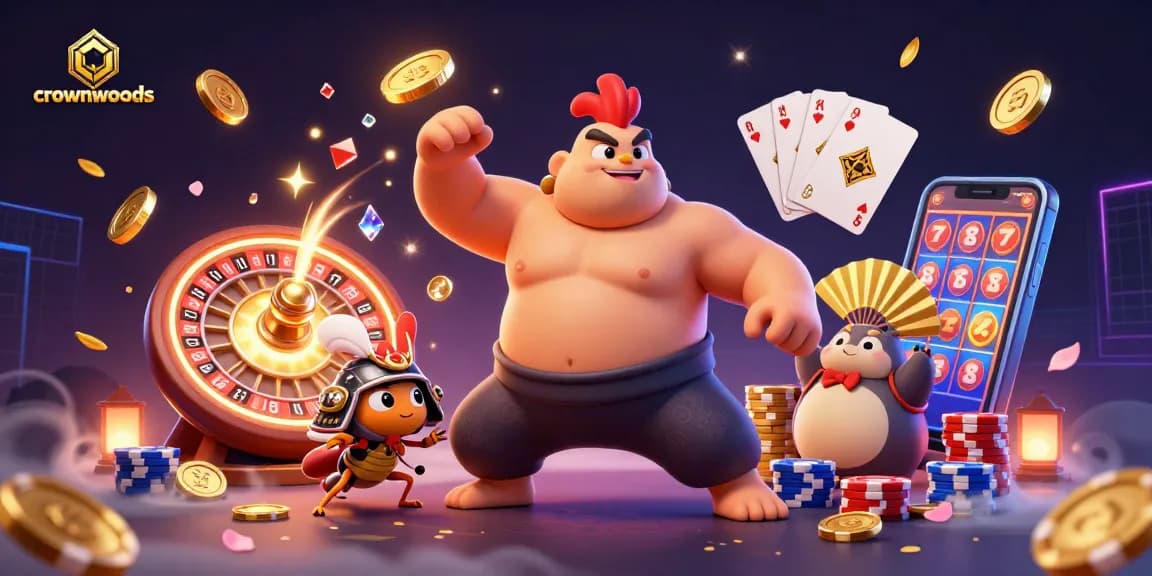 Crownwoods casino features a powerful sumo wrestler rooster and a fierce cricket amidst sparkling game elements.