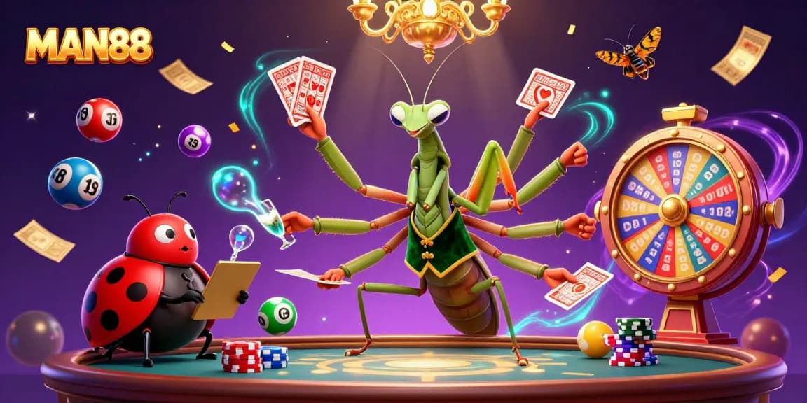 Engage with MAN88's vibrant casino scene, featuring playful characters and lively gambling elements.