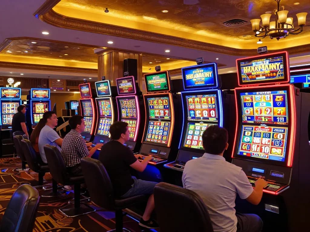 Slot gacor maxwin players engaged at vibrant slot machines, strategic gameplay in a lively casino.