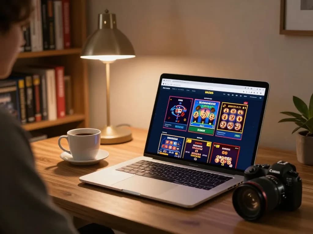 Person playing sc88 online casino game on laptop, showcasing gaming screens in a cozy setup